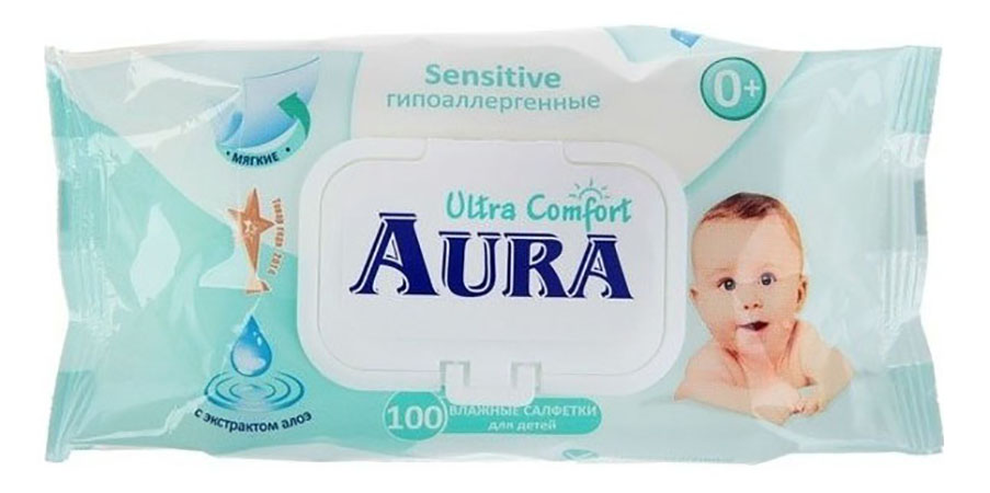 фото Детские влажные салфетки aura ultra comfort с алоэ и витамином е 100 шт.
