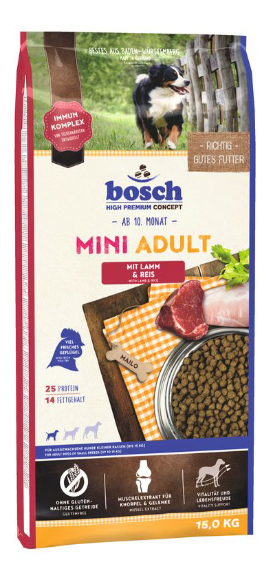 фото Сухой корм для собак bosch mini adult, для мелких пород, ягненок и рис, 15кг