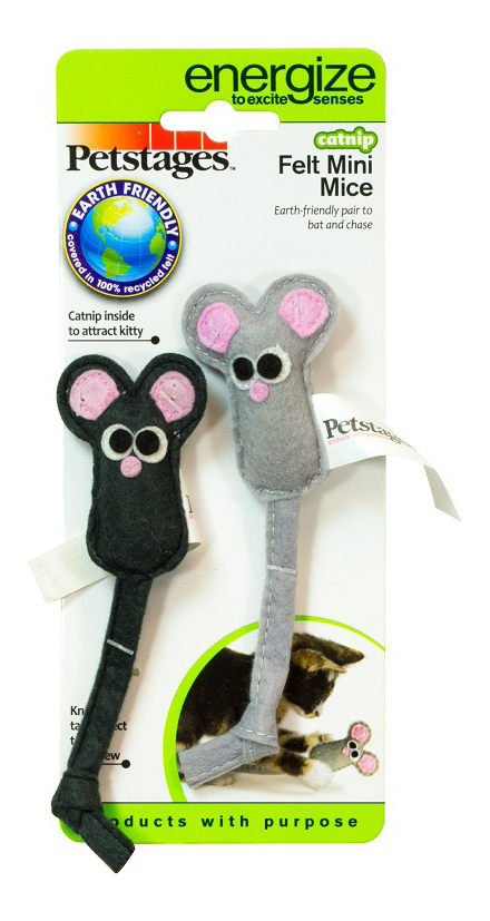 фото Мягкая игрушка для кошек petstages мышка фетровая мята, серый, черный, 12 см, 2 шт