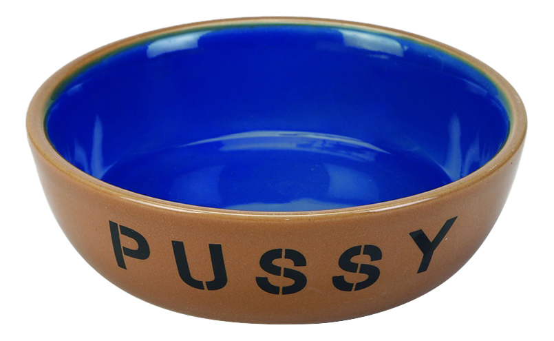 фото Одинарная миска для кошек beeztees pussy, керамика, коричневый, синий, 12.5см