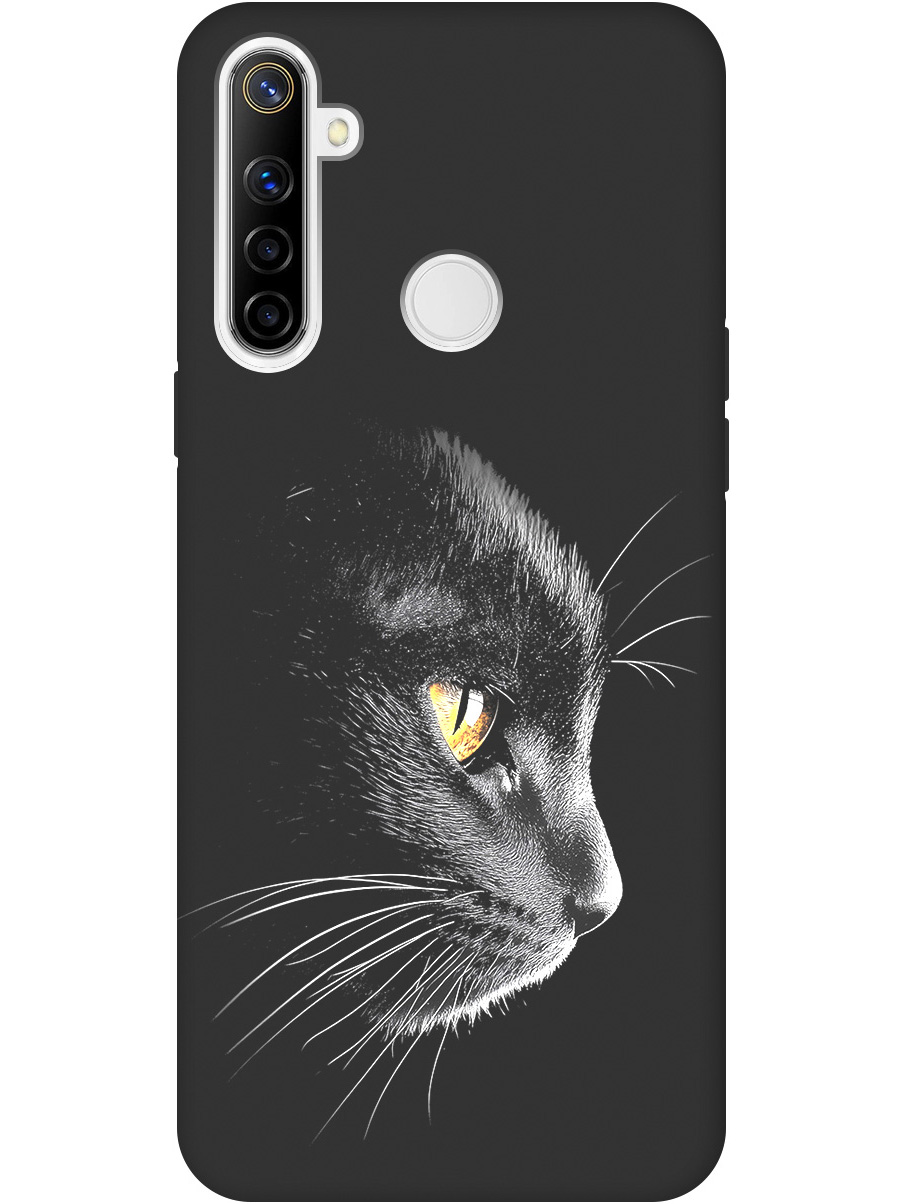 

Силиконовый чехол на Realme 5/6i/C3 с принтом "Черный котик" матовый черный, Черный;белый;золотистый, 726149612