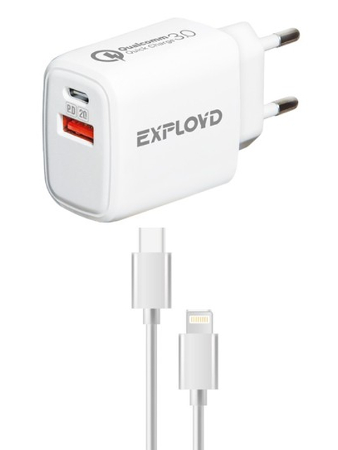 фото Зарядное устройство exployd shaft type-c - 8-pin 1хusb pd 3a 20w qc3.0 white ex-z-1342