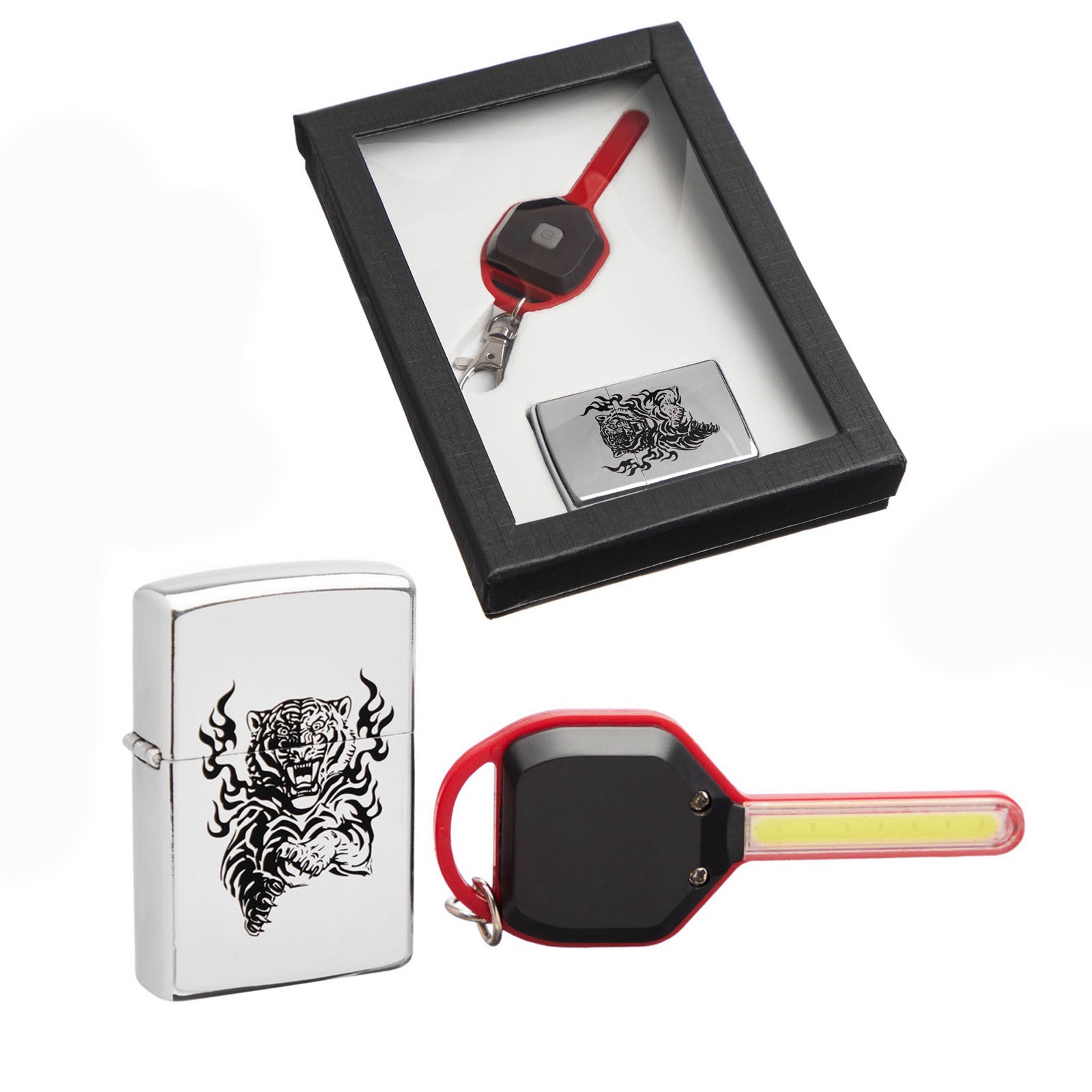 

Подарочный набор "Тигр" зажигалка и и брелок с фонариком, Серебристый, 23 Февраля