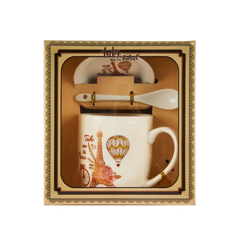 Кружка с подставкой и ложкой Home Collection Black & Gold Париж 210 мл 9х8 см Микс 3 пр.