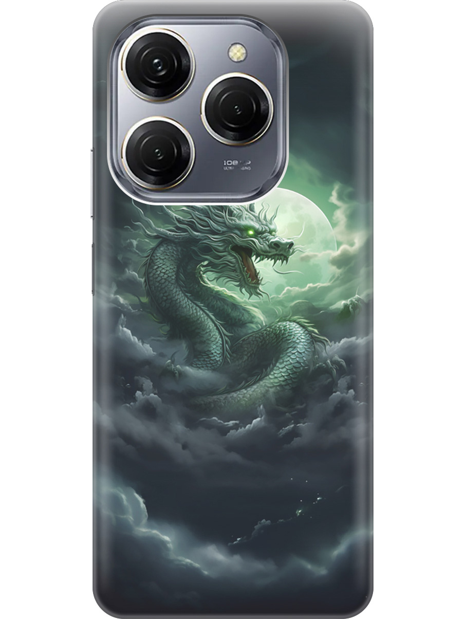 

Силиконовый чехол на Tecno Spark 20 Pro с рисунком "Дракон на фоне луны и облаков", Белый;зеленый;черный, 20011920