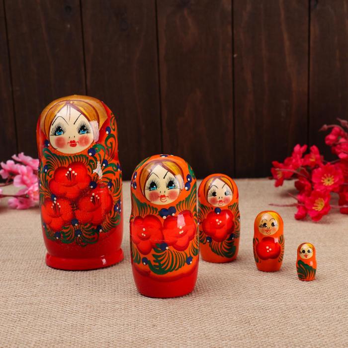 

Матрёшка 5-ти кукольная "Галя" оранжевая , 14-15см, ручная роспись., Художественная матрёшка