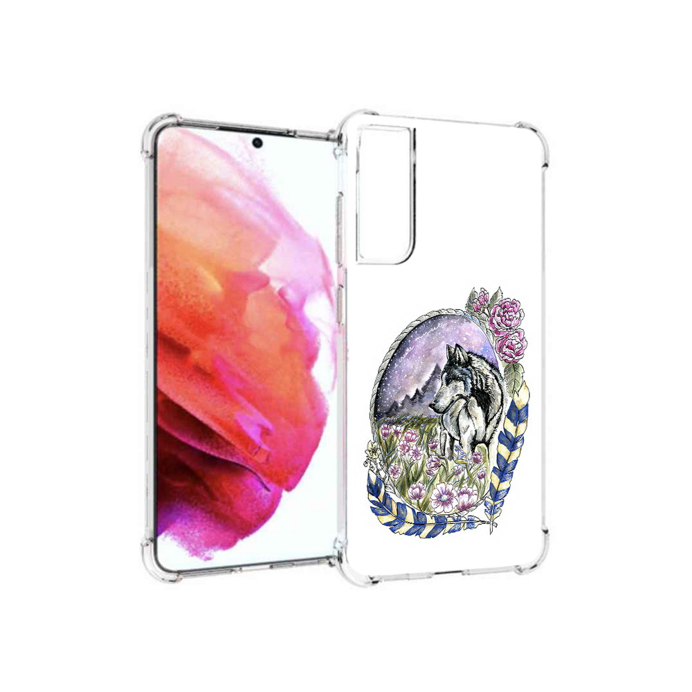 

Чехол MyPads Tocco для Samsung Galaxy S21 FE нарисованный волк в цветах с перьями, Прозрачный, Tocco