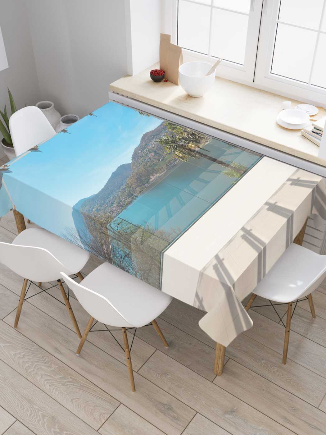 

Скатерть прямоугольная JoyArty "Крытая терраса" из сатена, 120x145 см, Голубой, Крытая терраса