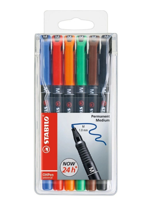 Маркер-ручка перманентный 1мм STABILO OHPen Universal, 6 цветов