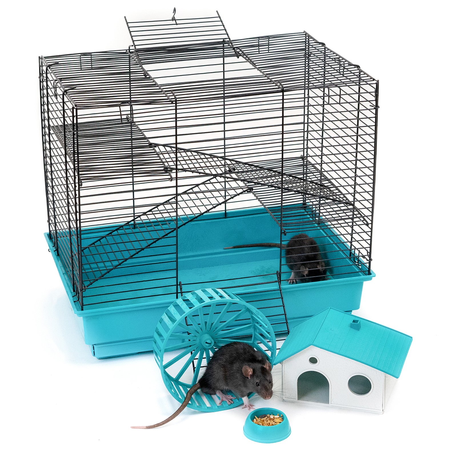 

Клетка для грызунов PetTails, шаг прута 10,5мм, 42х30х38см, 2 этажа, колесо, бирюзовая, Голубой, 4032