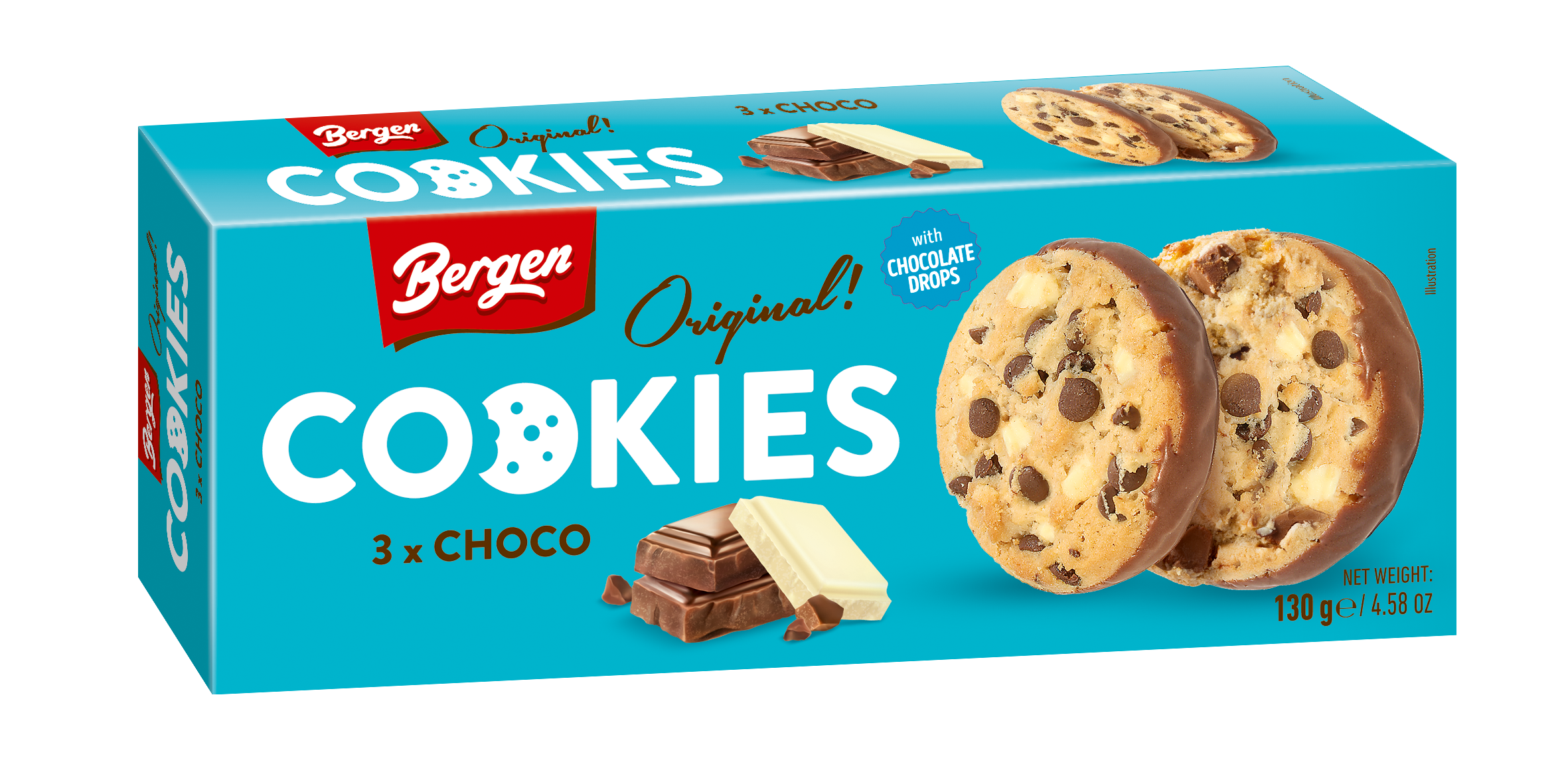 Печенье Bergen Original cookies с кусочками белого, молочного и темного шоколада, 130 г