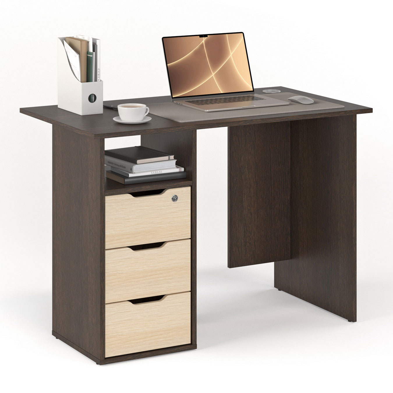 

Письменный стол 107х52 см МагМебель №53 венге, дуб молочный, Письменный стол с тремя ящиками 107х52 см №53 тумба слева