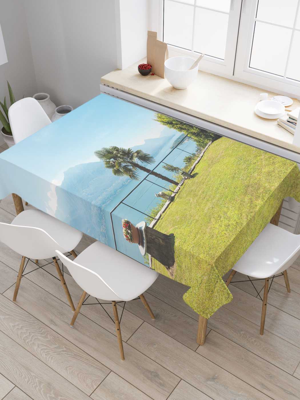 

Скатерть прямоугольная JoyArty "Вид на море" из сатена, 120x145 см, Голубой, Вид на море