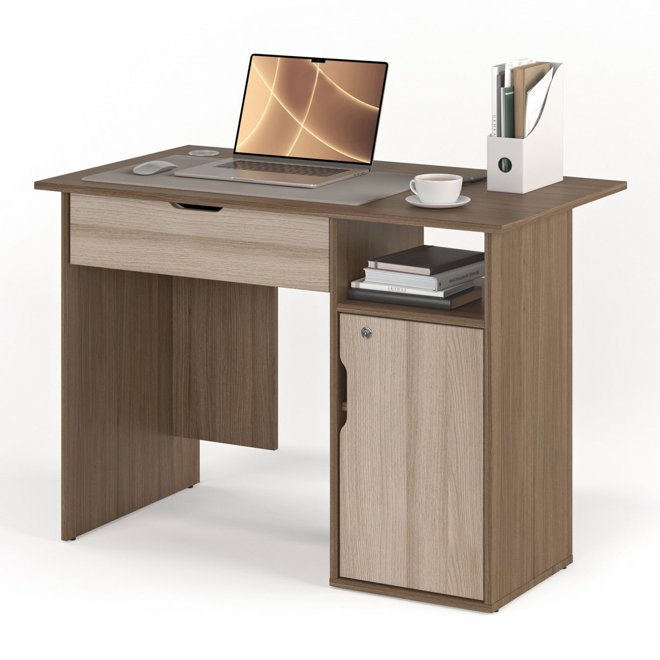 

Письменный стол №61Я ясень тёмный + ясень светлый, Письменный стол с широким ящиком и дверцей с замком 107х60 см. №61Я тумба справа