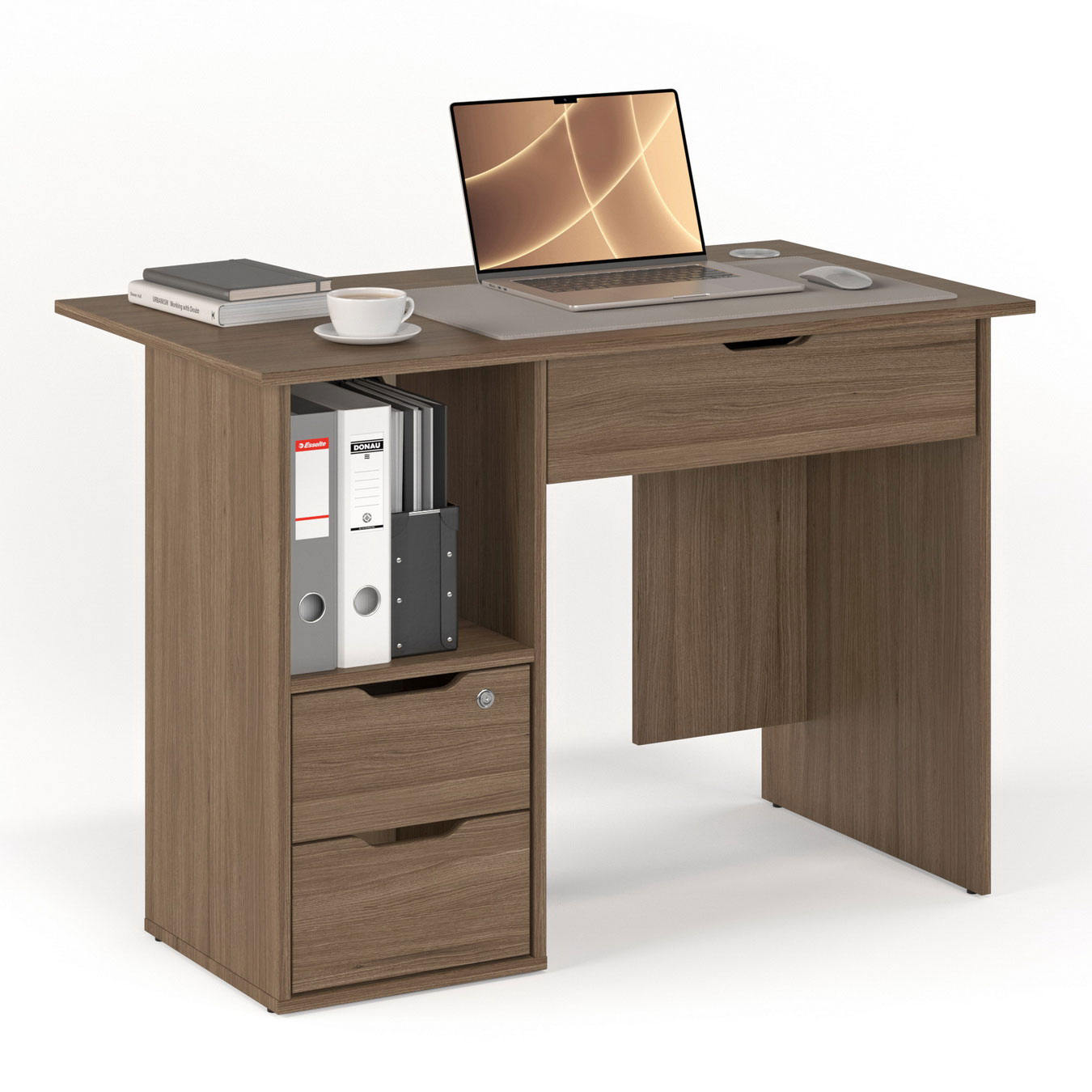 

Письменный стол МагМебель №62Я ясень шимо тёмный, Письменный стол с двумя узкими и одним широким ящиком и высокой нишей для папок №62Я тумба слева