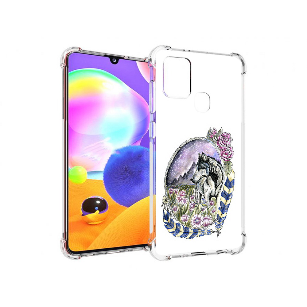 

Чехол MyPads Tocco для Samsung Galaxy A21s нарисованный волк в цветах с перьями, Прозрачный, Tocco
