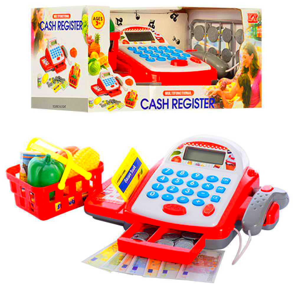 Игровой набор PLAYSMART Кассовый аппарат со сканером, корзинка с продуктами, касса, купюры