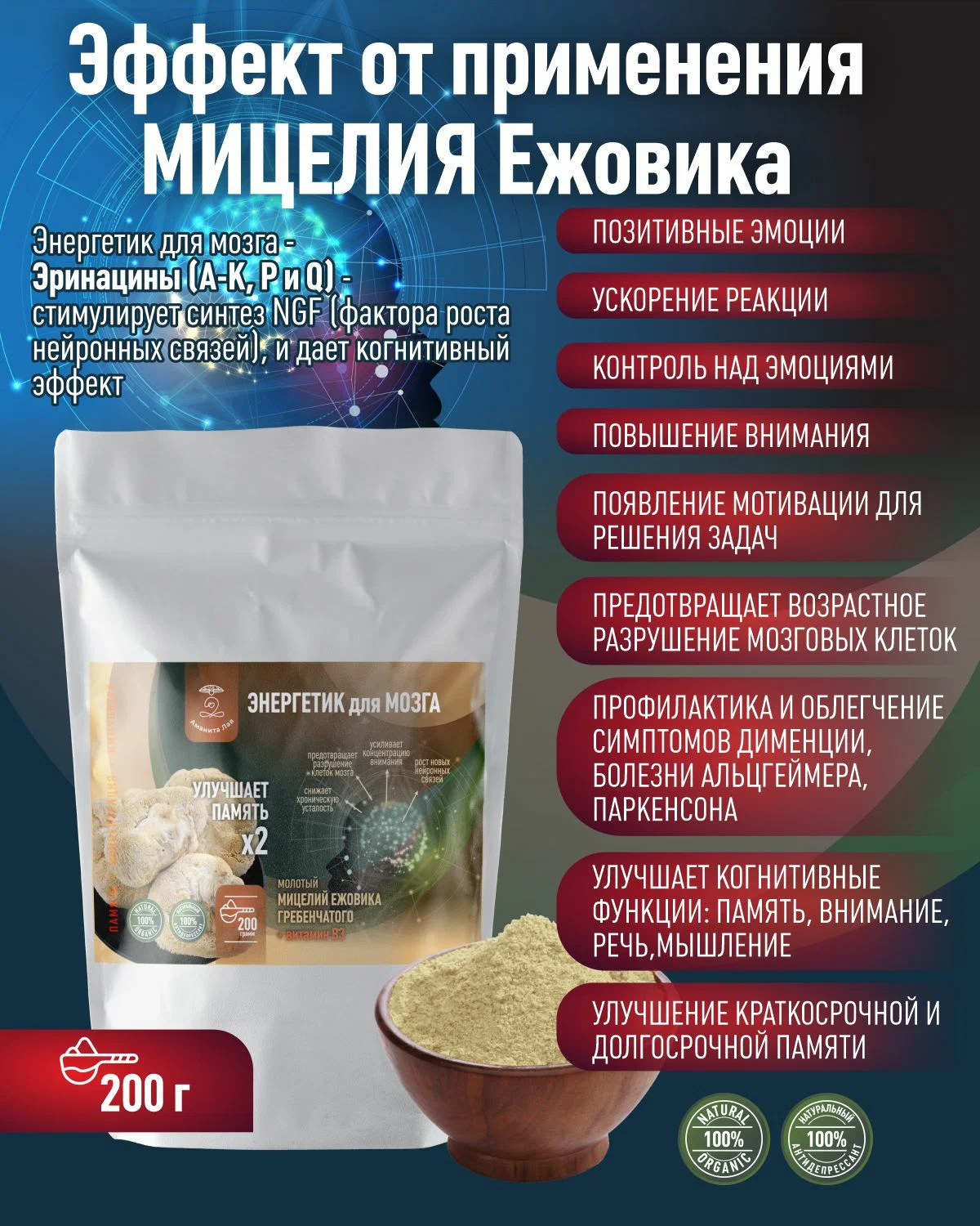 Мицелий гриба Ежовика Аманита Лав 200 г