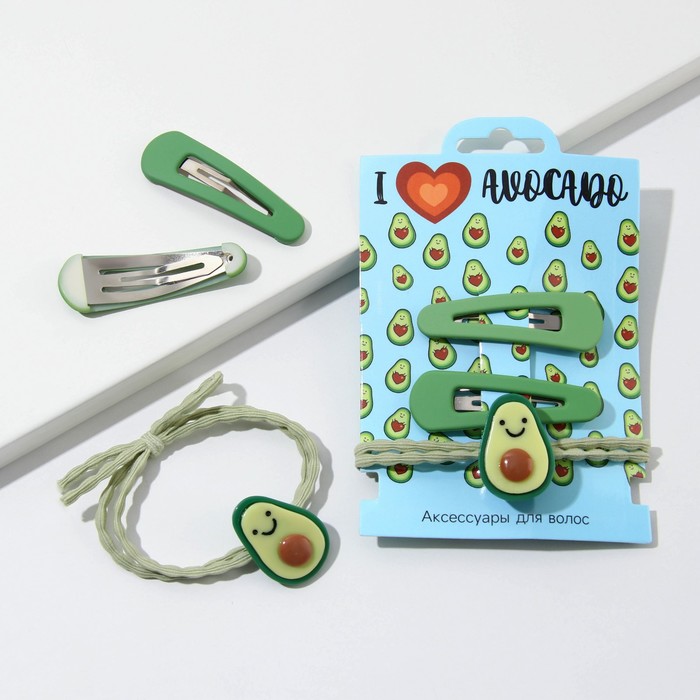 

Резинка и заколки для волос "I love avocado", набор, Зеленый