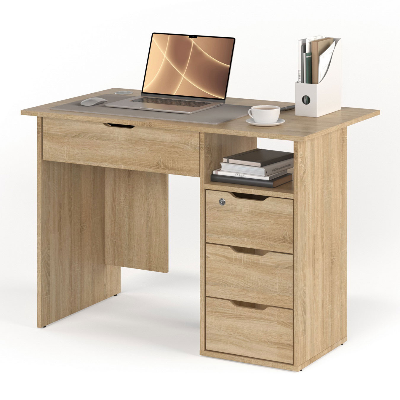 

Письменный стол 107х60 см. МагМебель №63Я дуб сонома, Письменный стол с тремя узкими и одним широким ящиком под столешницей 107х60 см. №63Я тумба справа