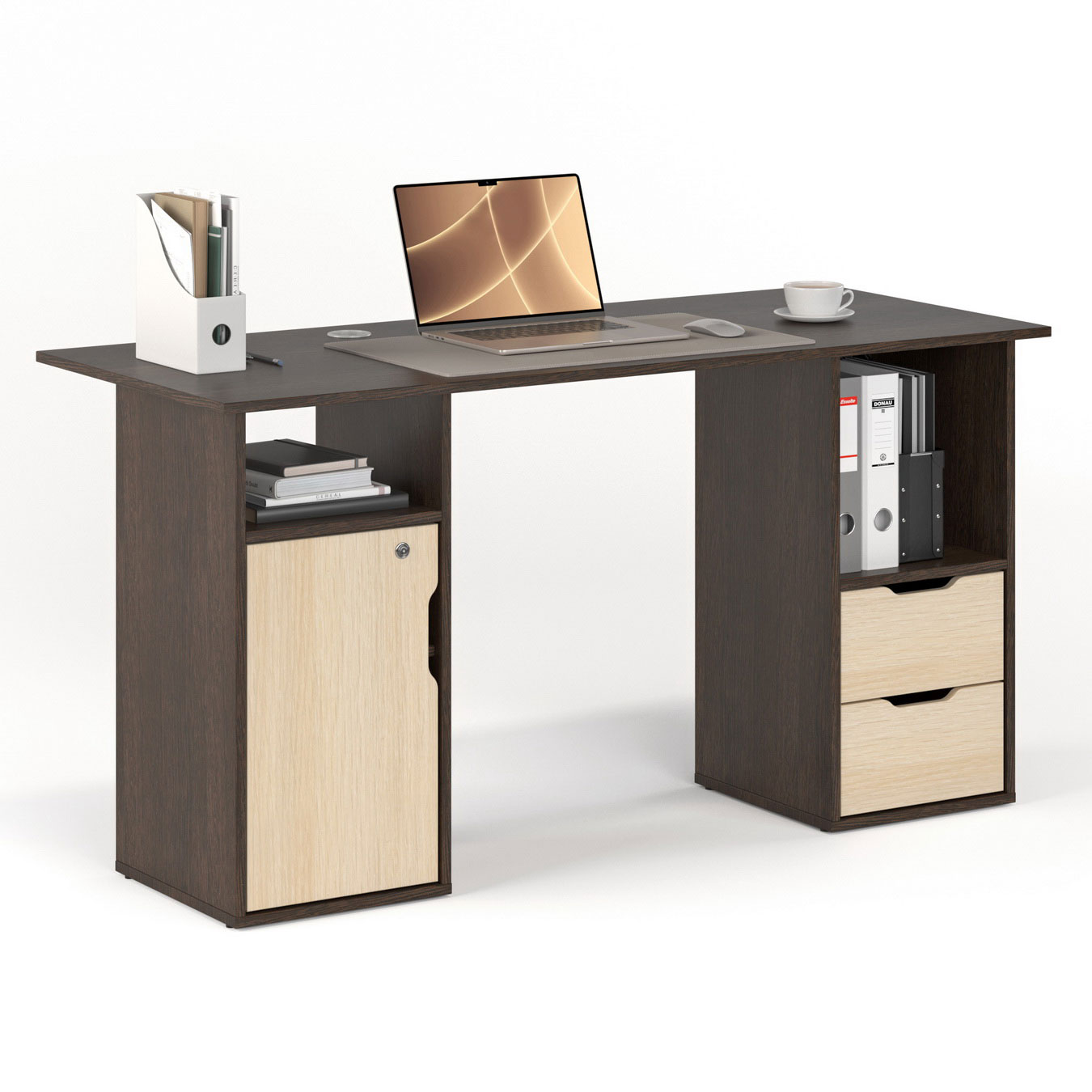 

Стол МагМебель №74 венге, дуб молочный, Двухтумбовый письменный стол с двумя ящиками, высокой нишей для папок и дверцей с замком №74