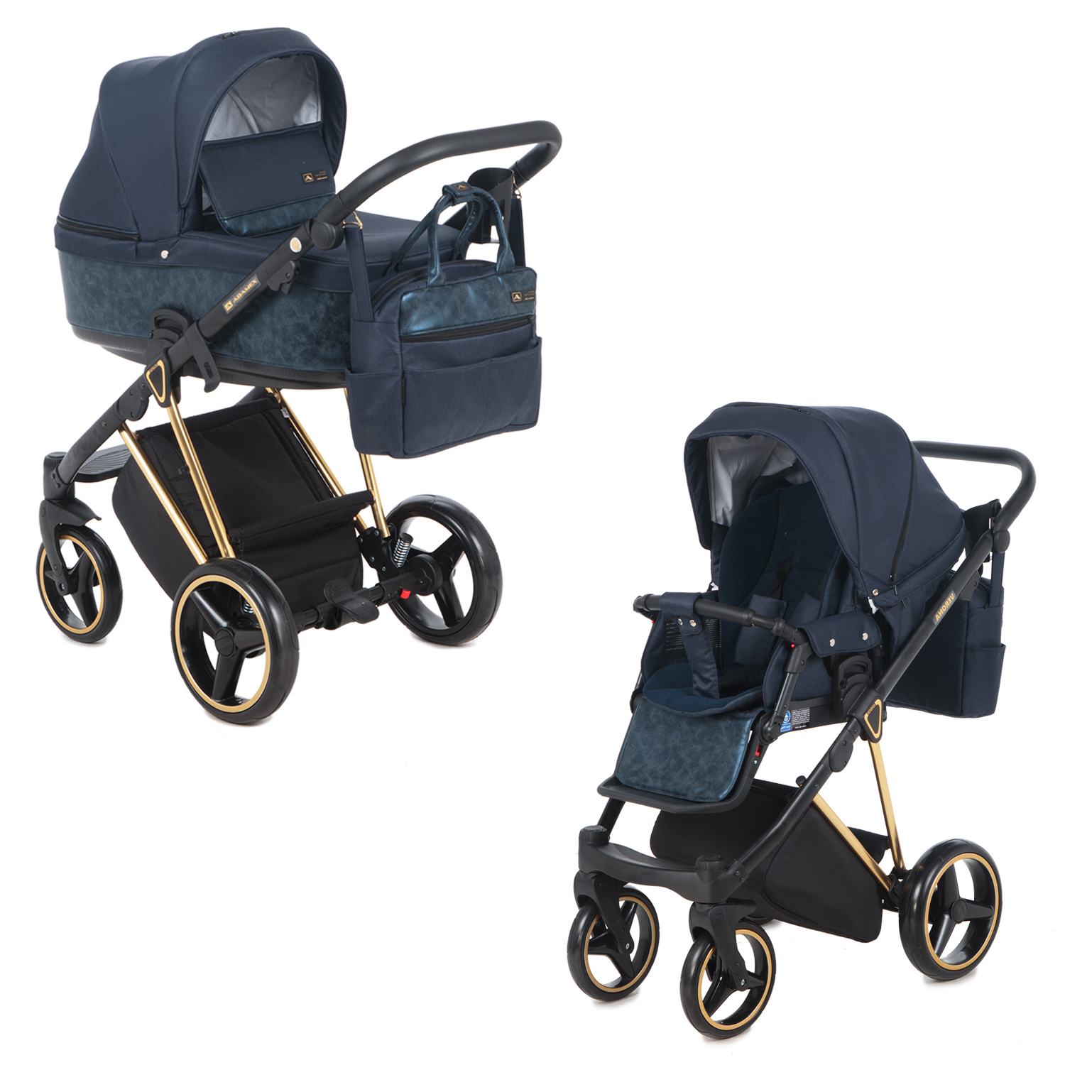 

Коляска 2 в 1 Adamex Verona Special Edition, кожа темно-синяя/темно-синий/золото