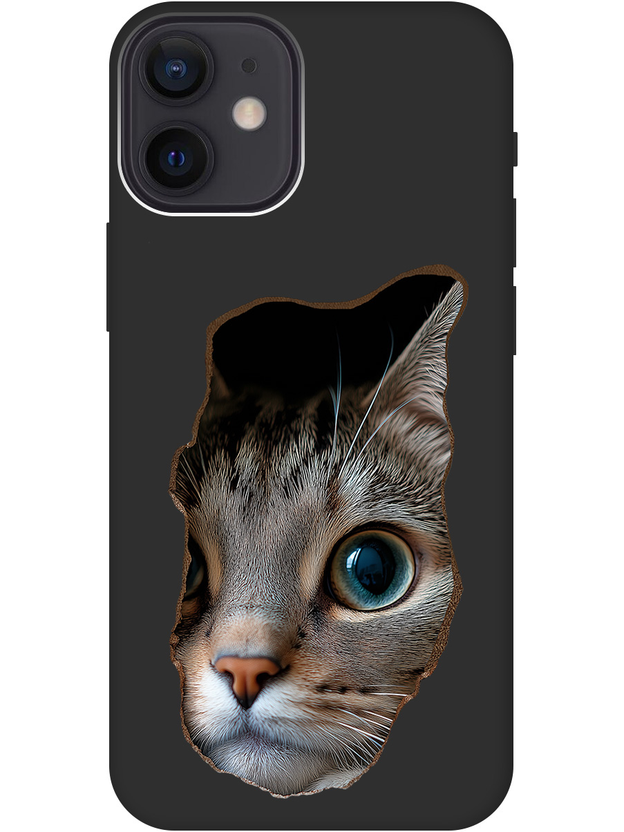 

Силиконовый чехол на Apple iPhone 12 Mini с принтом "Котик в стене" матовый черный, Черный;коричневый;белый, 723374012