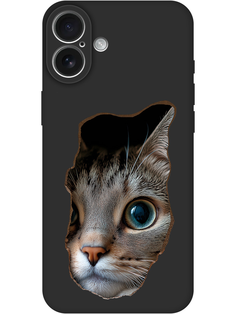 

Силиконовый чехол на Apple iPhone 16 Plus с принтом "Котик в стене" матовый черный, Черный;коричневый;белый, 785197112