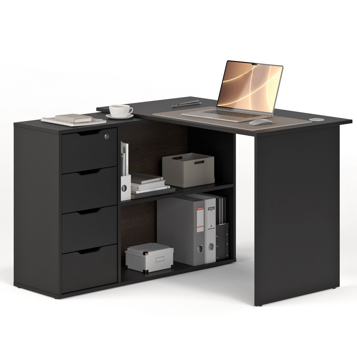 

Письменный стол №93 черный, Письменный стол с поворотной тумбой с 4 ящиками №93 тумба слева