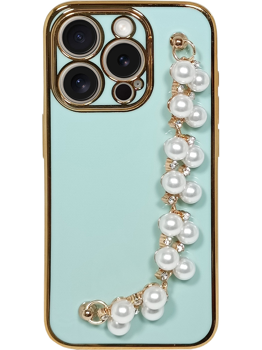 

Силиконовый чехол на Apple iPhone 15 Pro с цепочкой жемчуг мятный, Голубой, 775148022