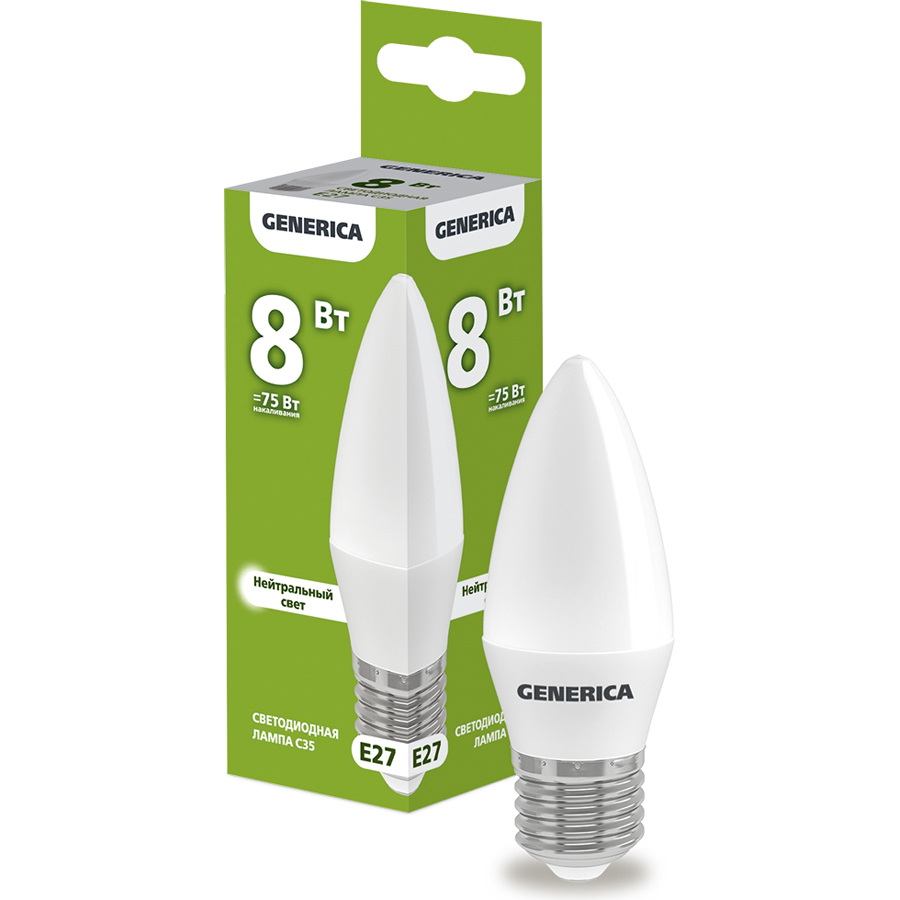 

Светодиодная лампа GENERICA C35 свеча 8Вт 230В 4000К E27 LL-C35-08-230-40-E27-G
