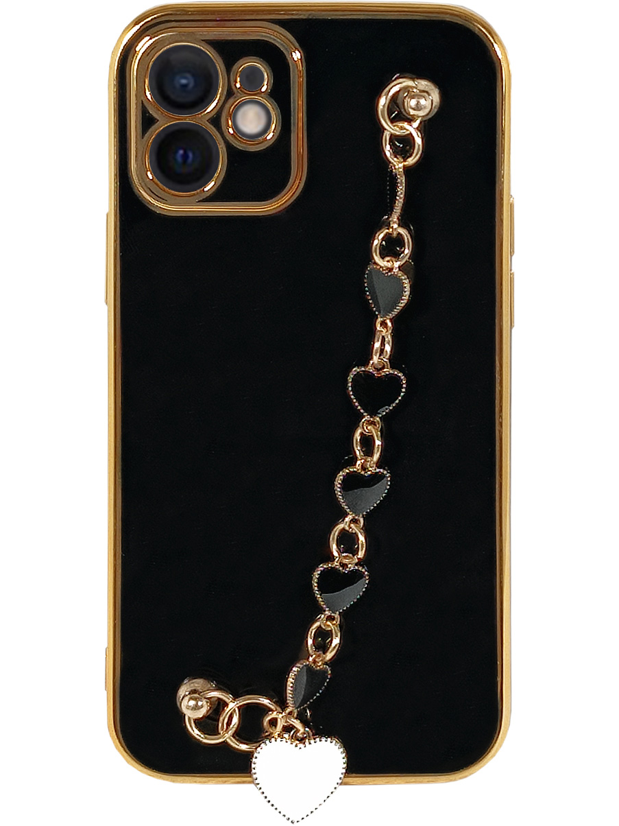 

Силиконовый чехол на Apple iPhone 12 с цепочкой сердечки черный, 723374121