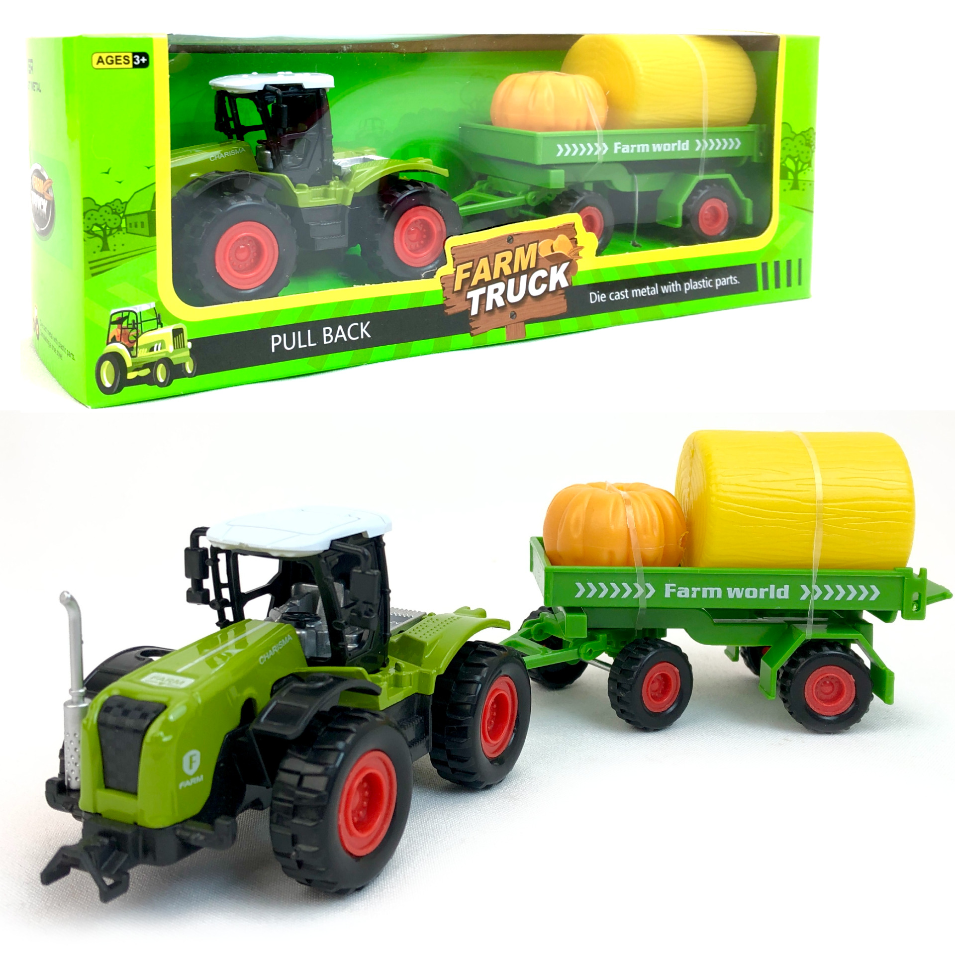 фото Металлический инерционный трактор huanzhi toys с прицепом farm truck 110356