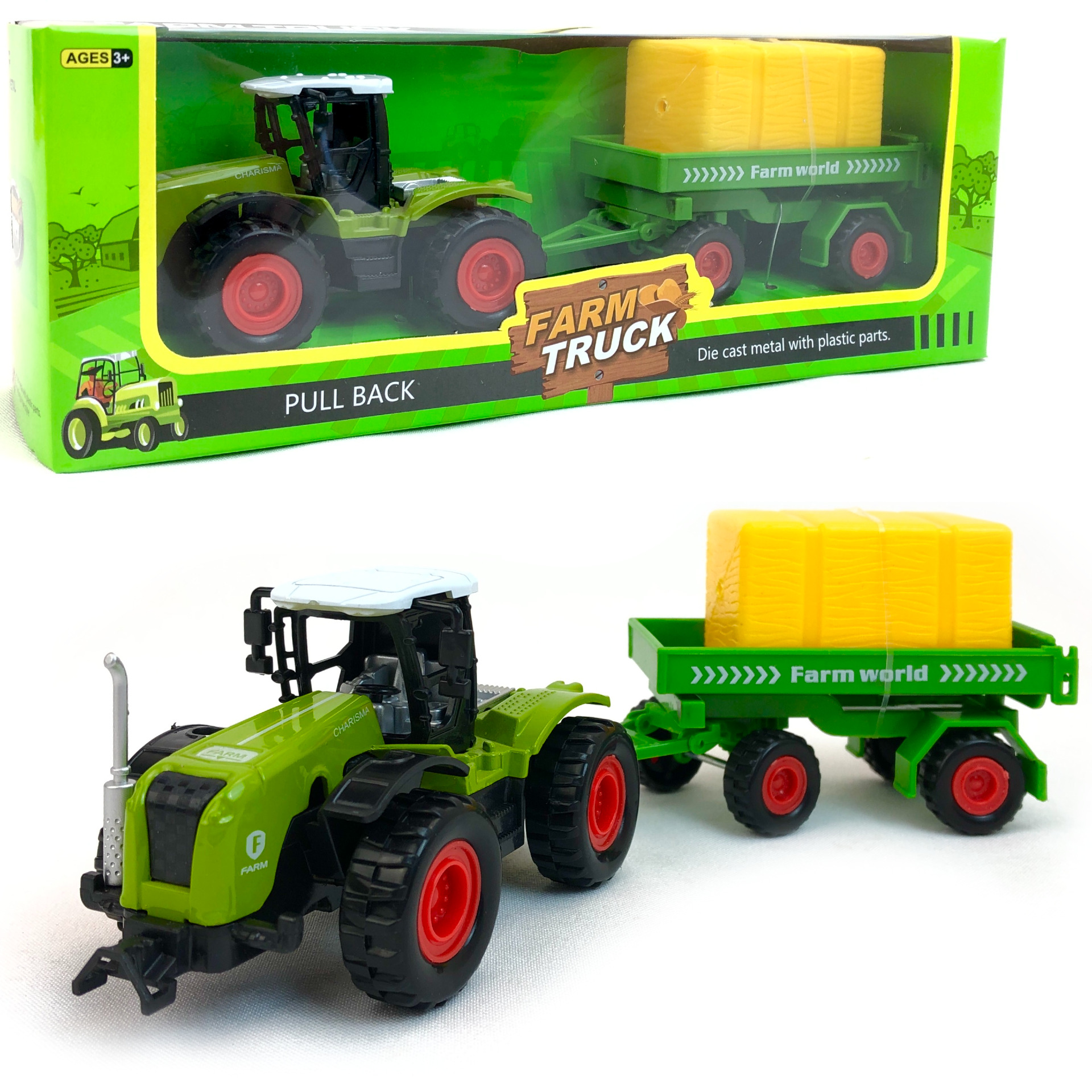 фото Металлический инерционный трактор huanzhi toys с прицепом farm truck 110357