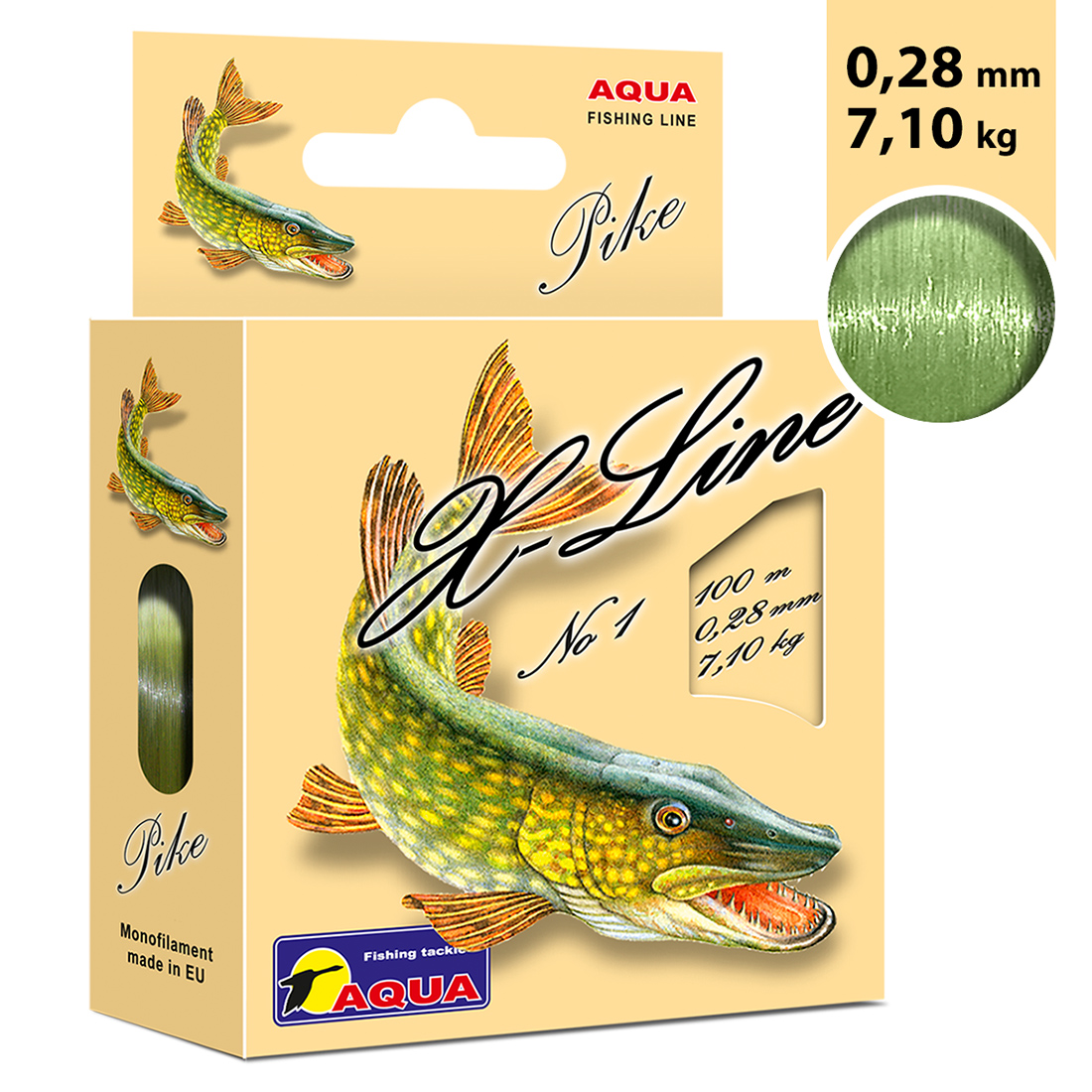 Леска AQUA X-Line Pike (Щука) 0,28mm 100m, цвет - оливковый, test - 7,10kg