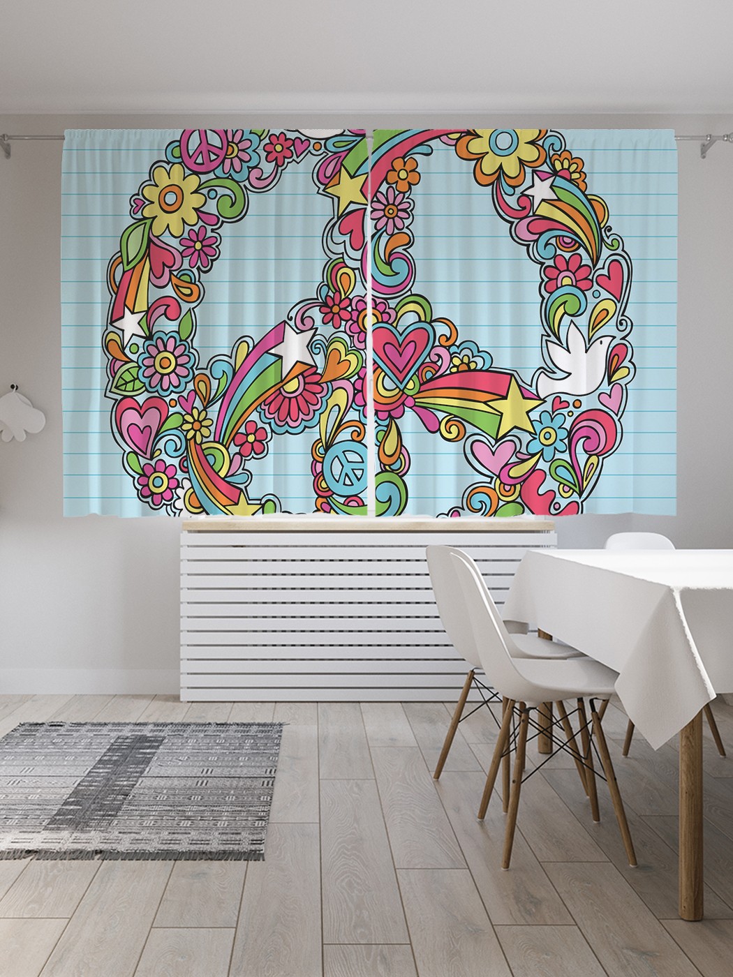 

Классические шторы JoyArty "Знак хиппи в стиле дудл", Oxford DeLux, 2 полотна 145x180 см, Знак хиппи в стиле дудл