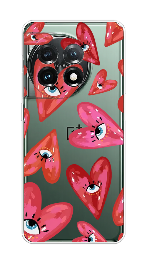 

Чехол на OnePlus 11 "Сердечки с глазами", Коричневый;красный;розовый, 153650-1