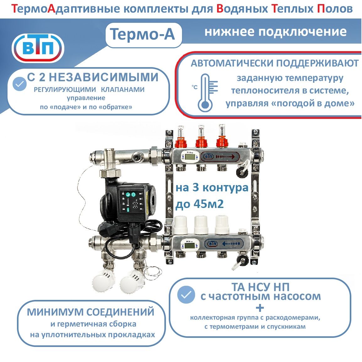 фото Термоадаптивный комплект для теплого пола 3 контура с частотным насосом втп thermo-a