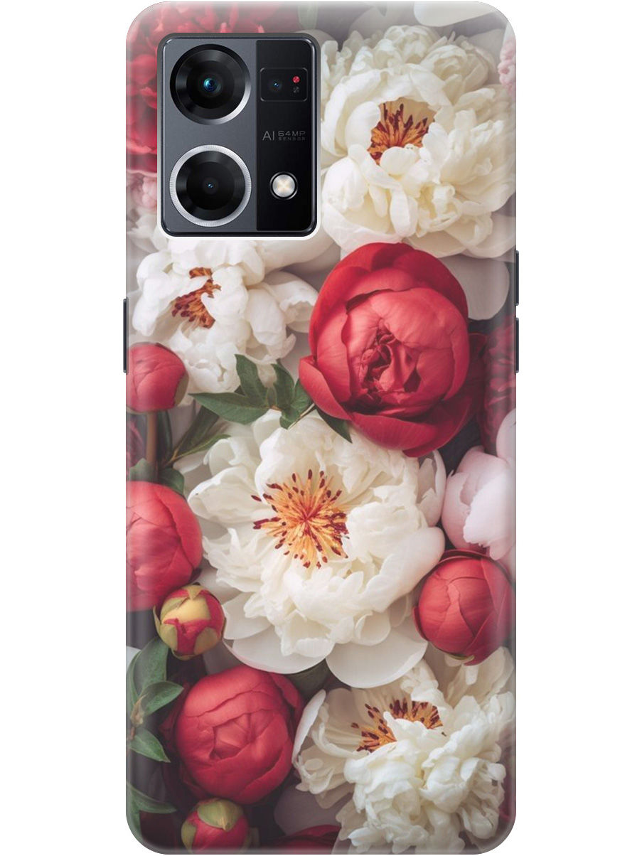 

Силиконовый чехол на OPPO Reno7 с рисунком "Красно-белые пионы", Белый;красный, 20000484
