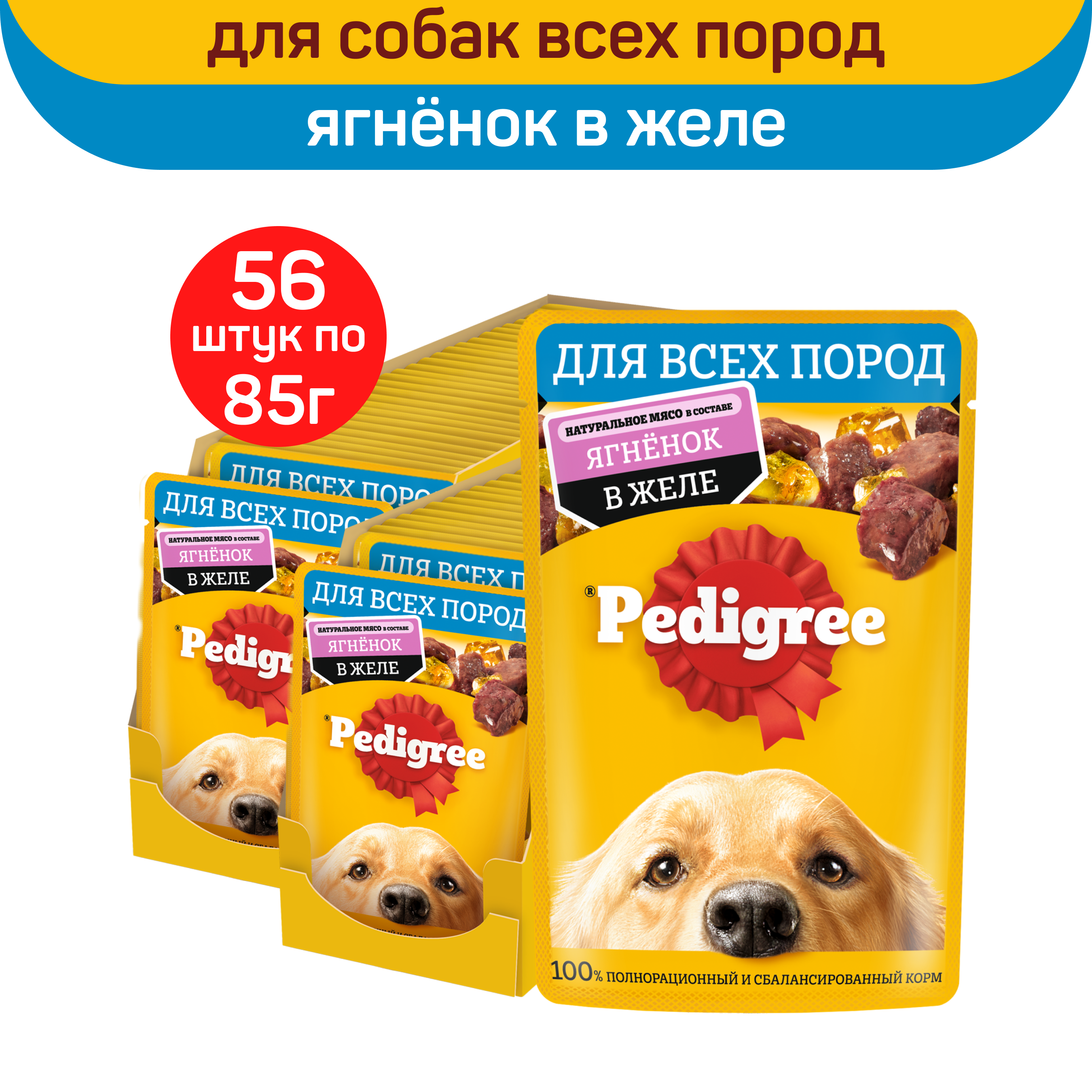 

Влажный корм для собак Pedigree, с ягненком в желе, 56 шт по 85 г