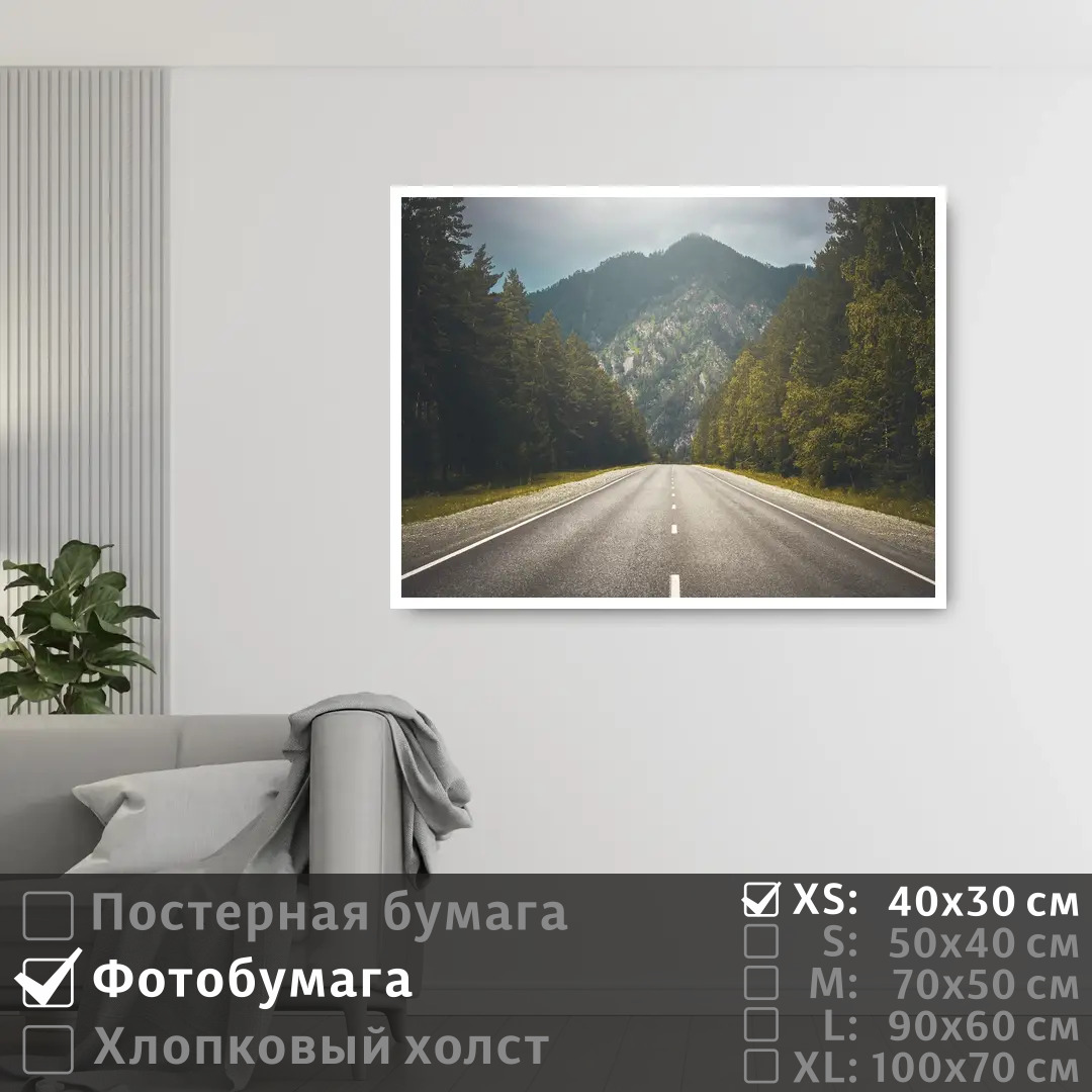 

Постер на фотобумаге ПолиЦентр Дальняя дорога в горы вдоль соснового леса 40х30 см, ДальняяДорогаВГорыВдольСосновогоЛеса