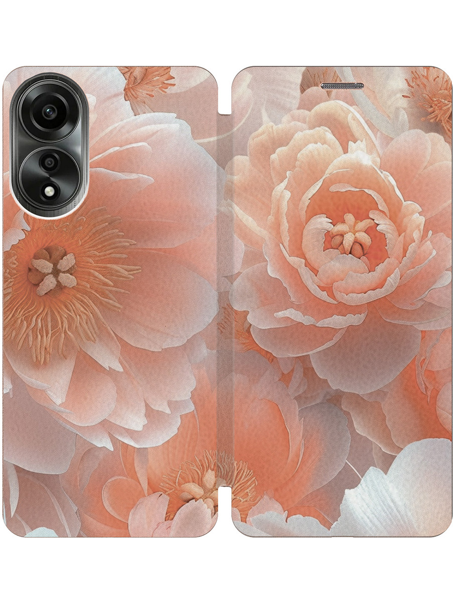 

Чехол-книжка на Oppo A78 4G с принтом "Персиковые пионы" золотой, Золотистый;белый;оранжевый, 782629421