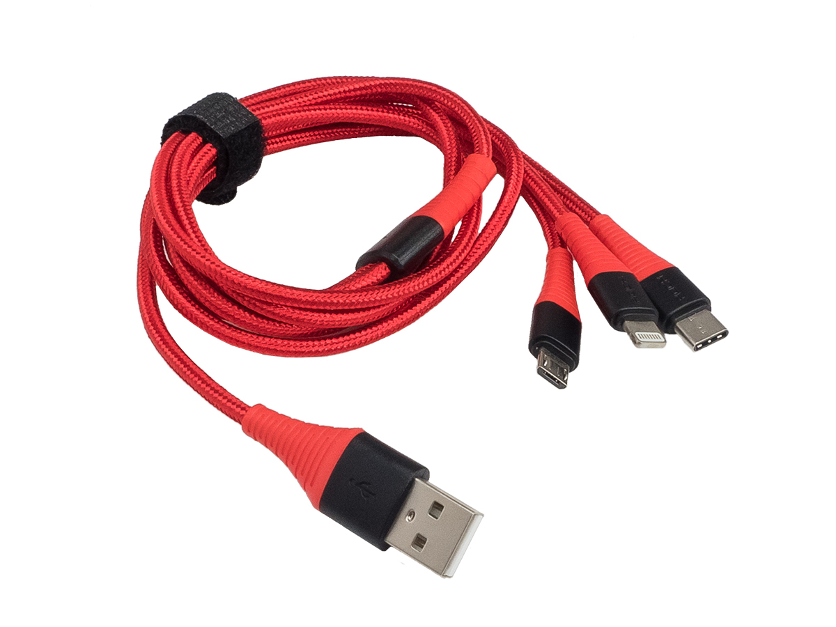 

Зарядный кабель AurA TPC-U32R, USB > Lightning/MicroUSB/Type C, красный, 1,2 метра