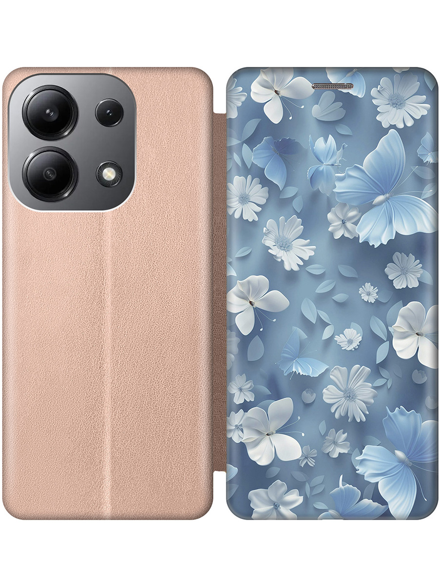 

Чехол-книжка на Xiaomi Redmi Note 13 4G с принтом "Голубые бабочки" золотой, Золотистый;белый;голубой, 782622823