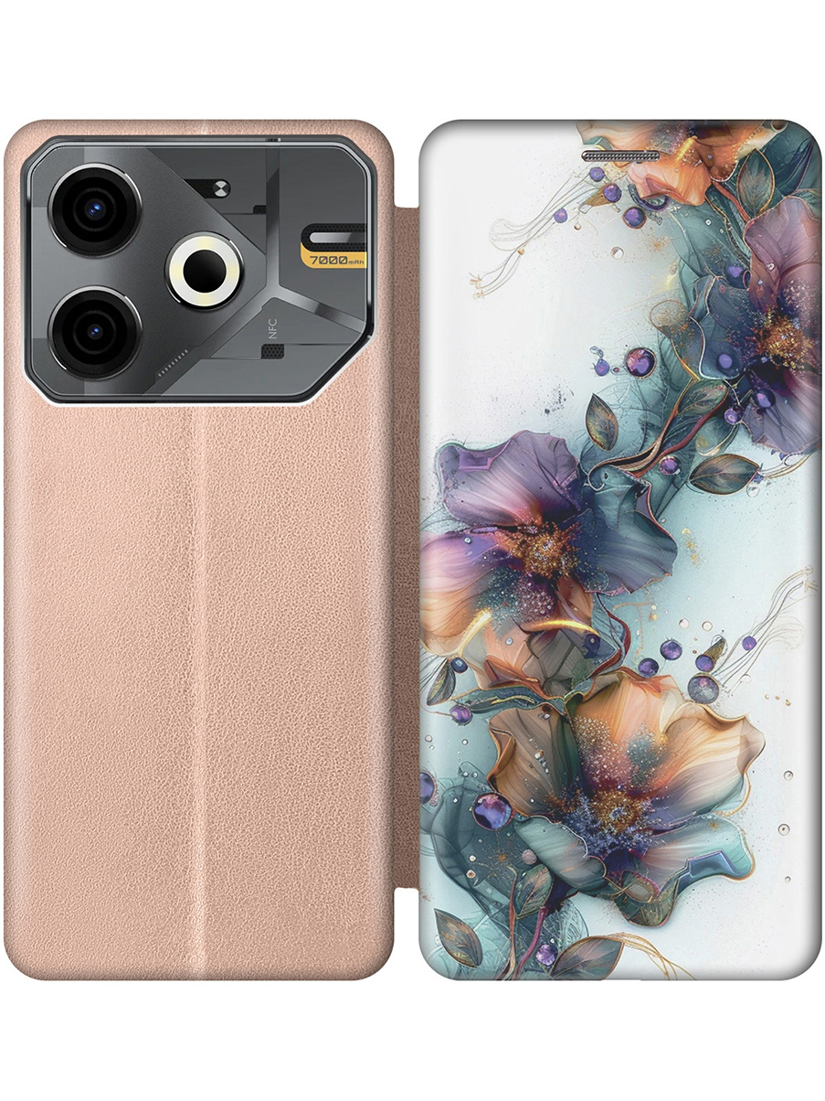 

Чехол-книжка на Tecno Pova 6 Neo с принтом "Мистические цветы" золотой, Золотистый;белый;зеленый, 782634823