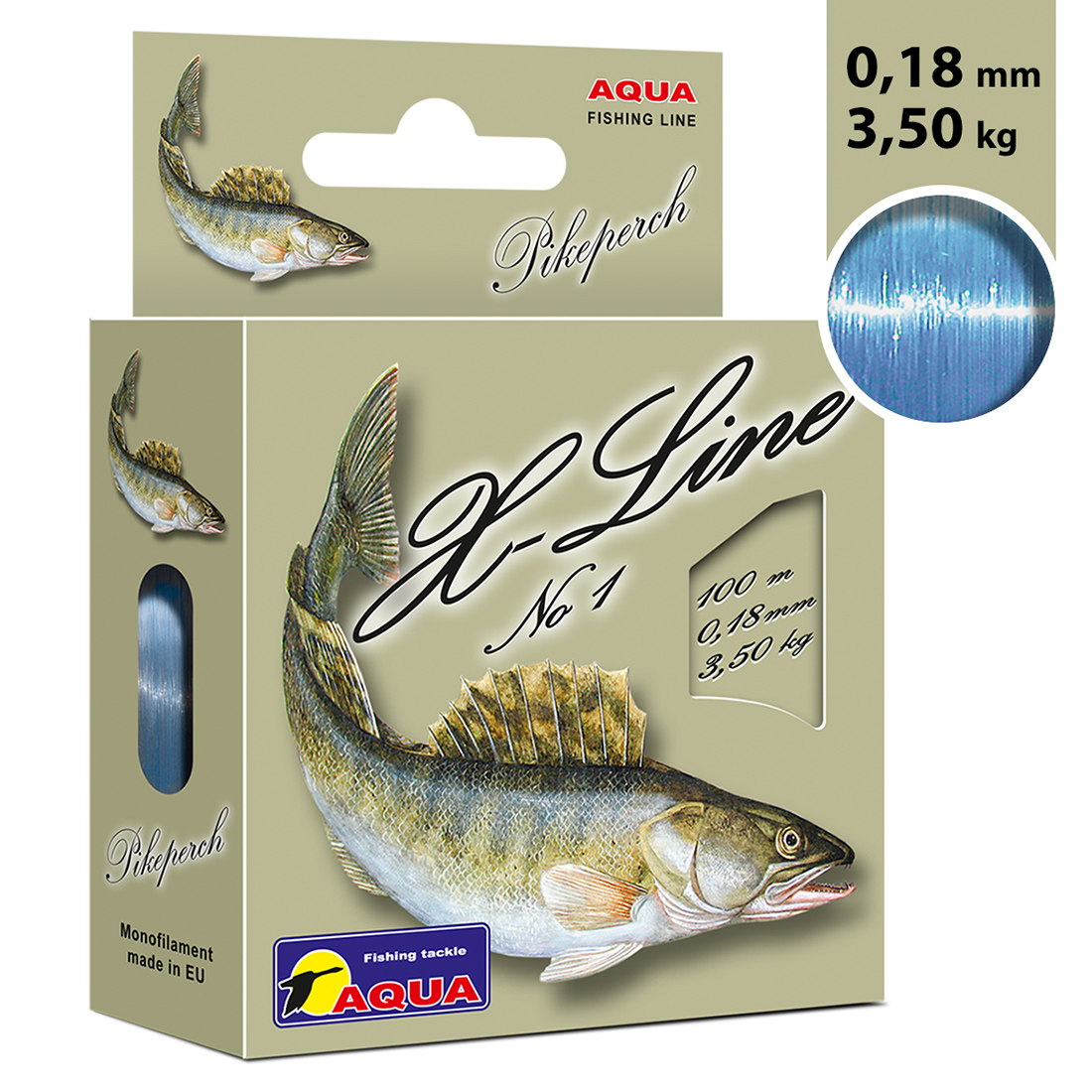 Леска AQUA X-Line Pikeperch (Судак) 0,18mm 100m, цвет - светло-голубой, test - 3,50kg