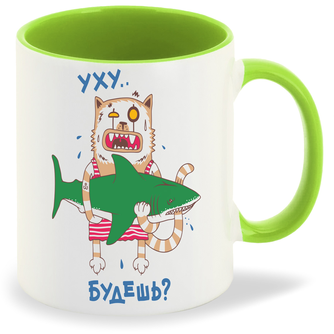 

Кружка CoolPodarok Прикол Кот с акулой Уху будешь2, Прикол Кот с акулой Уху будешь2