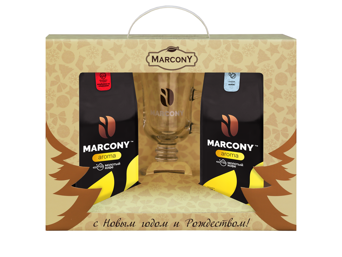 фото Новогодний кофе молотый marcony aroma кокос + клубника со сливками и бокал 900г