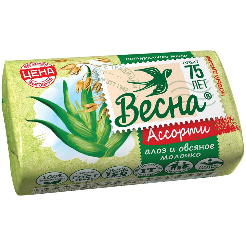 

Мыло туалетное Весна 90 г, Алоэ и овсяное молочко, арт. 260875 - 16 шт.