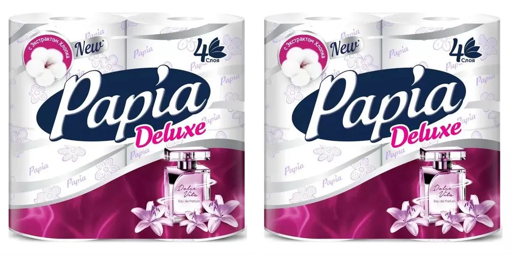 Туалетная бумага Papia Deluxe белая с ароматом Paradiso Fiori четырёхслойная 4 шт, 2уп туалетная бумага papia белая с аром тропическая экзотика и рисунком 3 слоя 4 рул